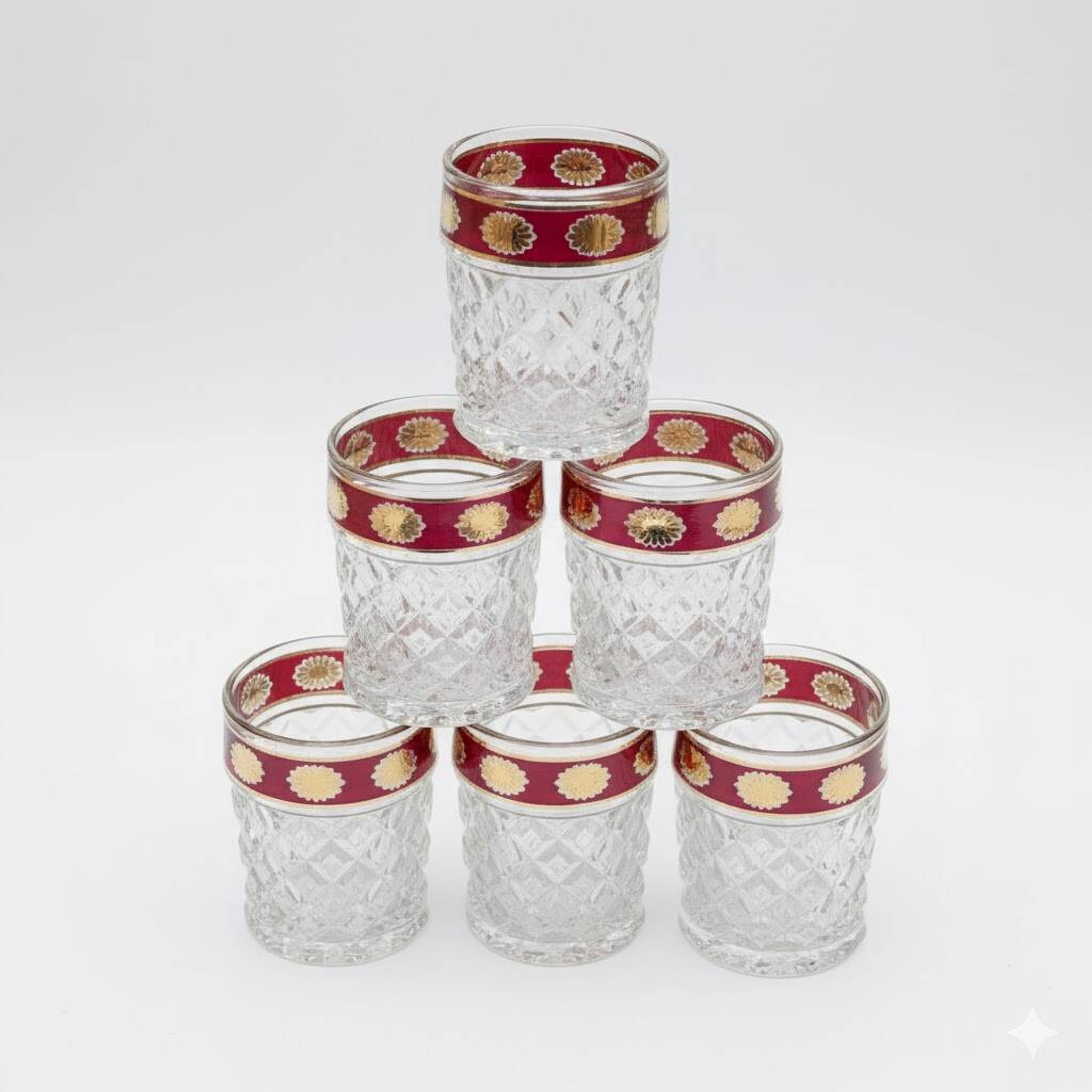 Six pressed glass whisky glasses with red and gold rims