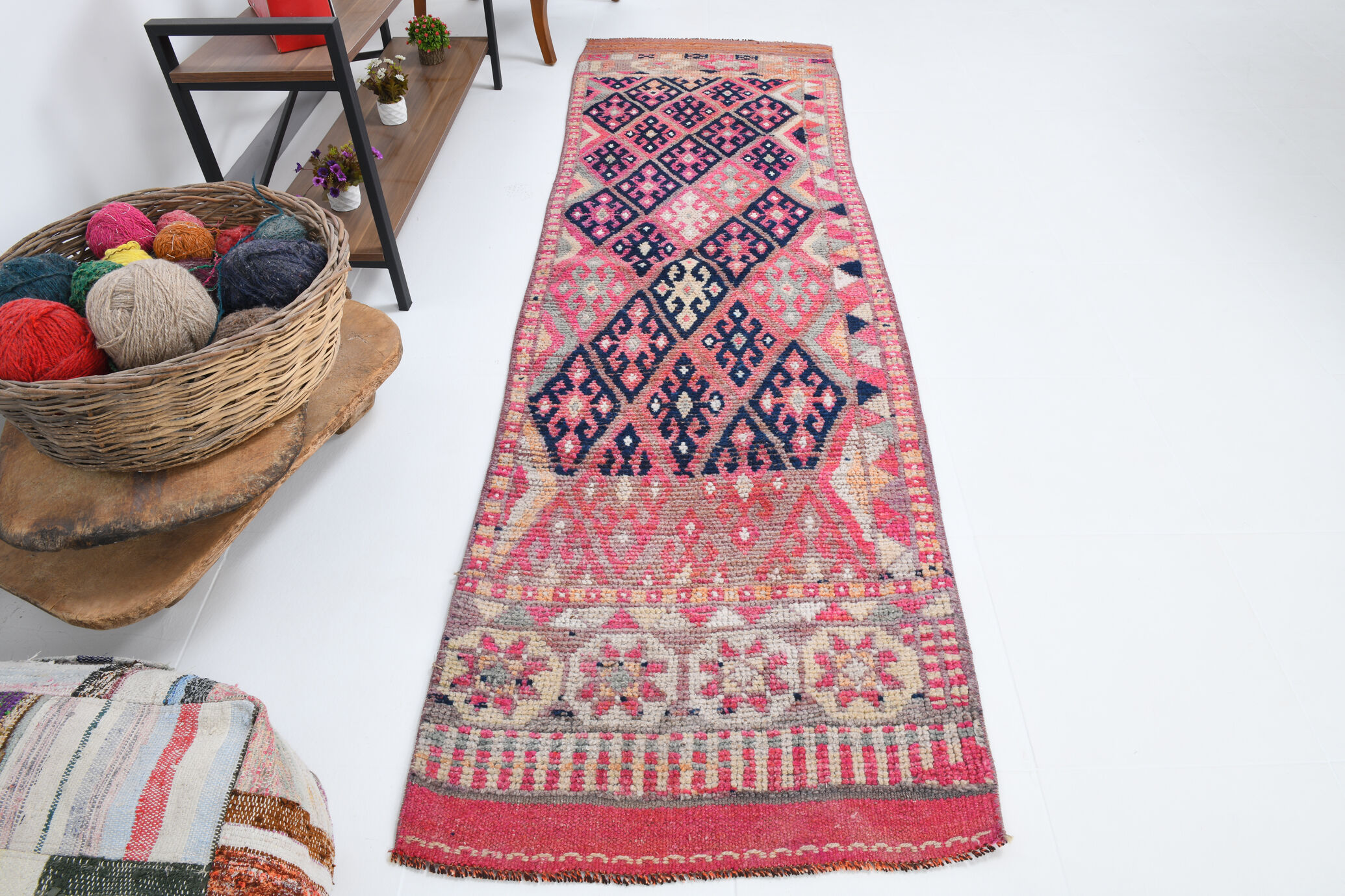 3x9 navy blue & pink turkish runner rug 79x272cm