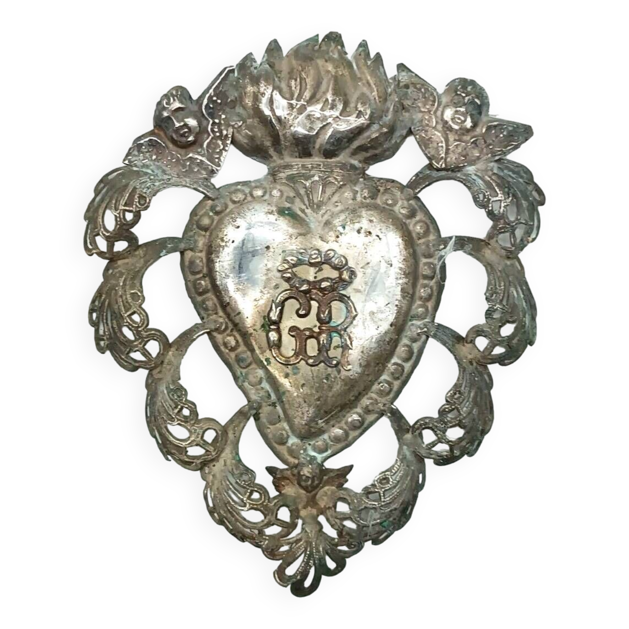 Grand ex voto coeur argent 15 cm antique italien grace reçu