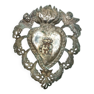 Grand ex voto coeur argent 15 cm antique italien grace reçu