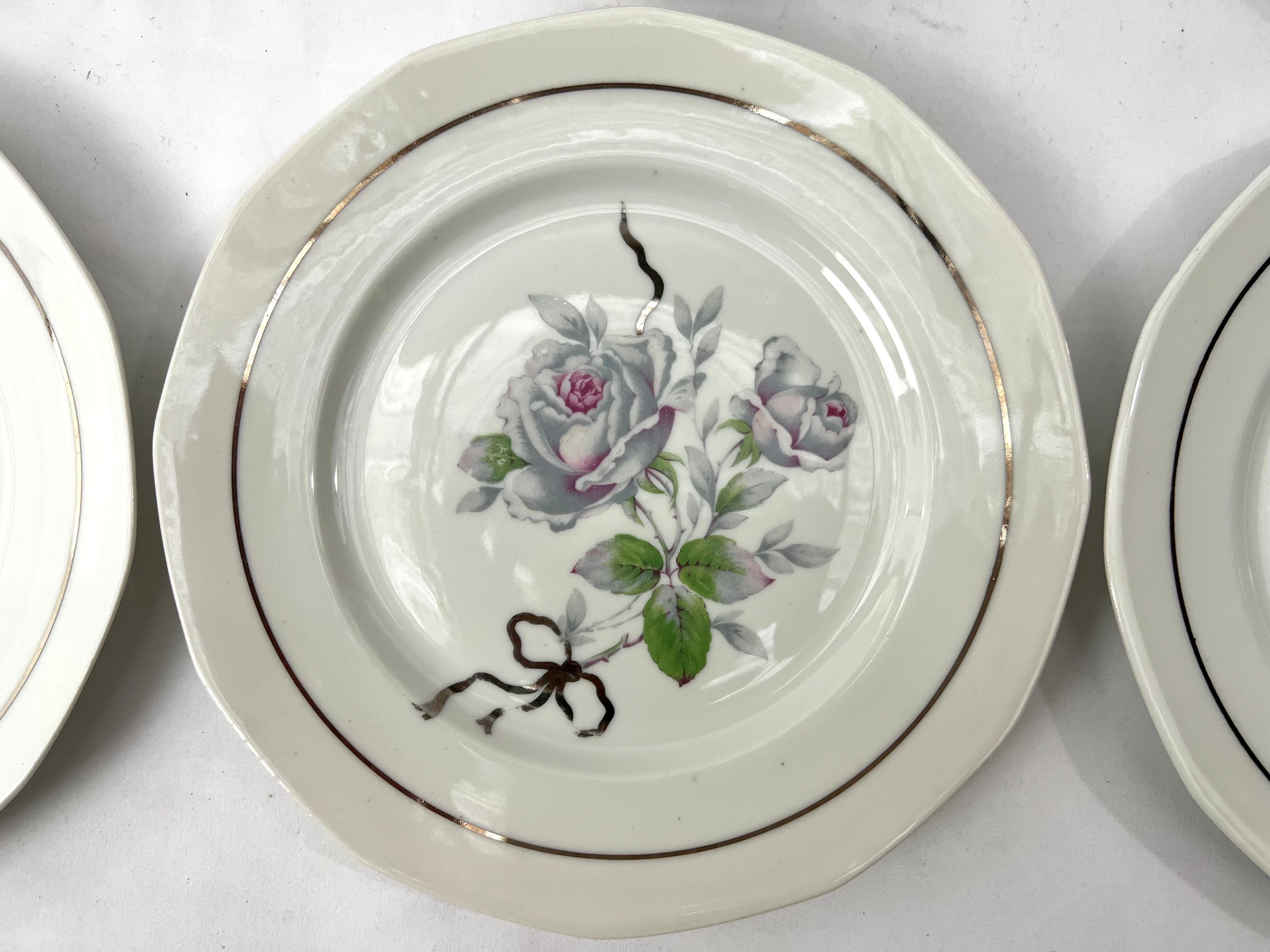 6 assiettes plates fleur rose porcelaine Limoges shabby