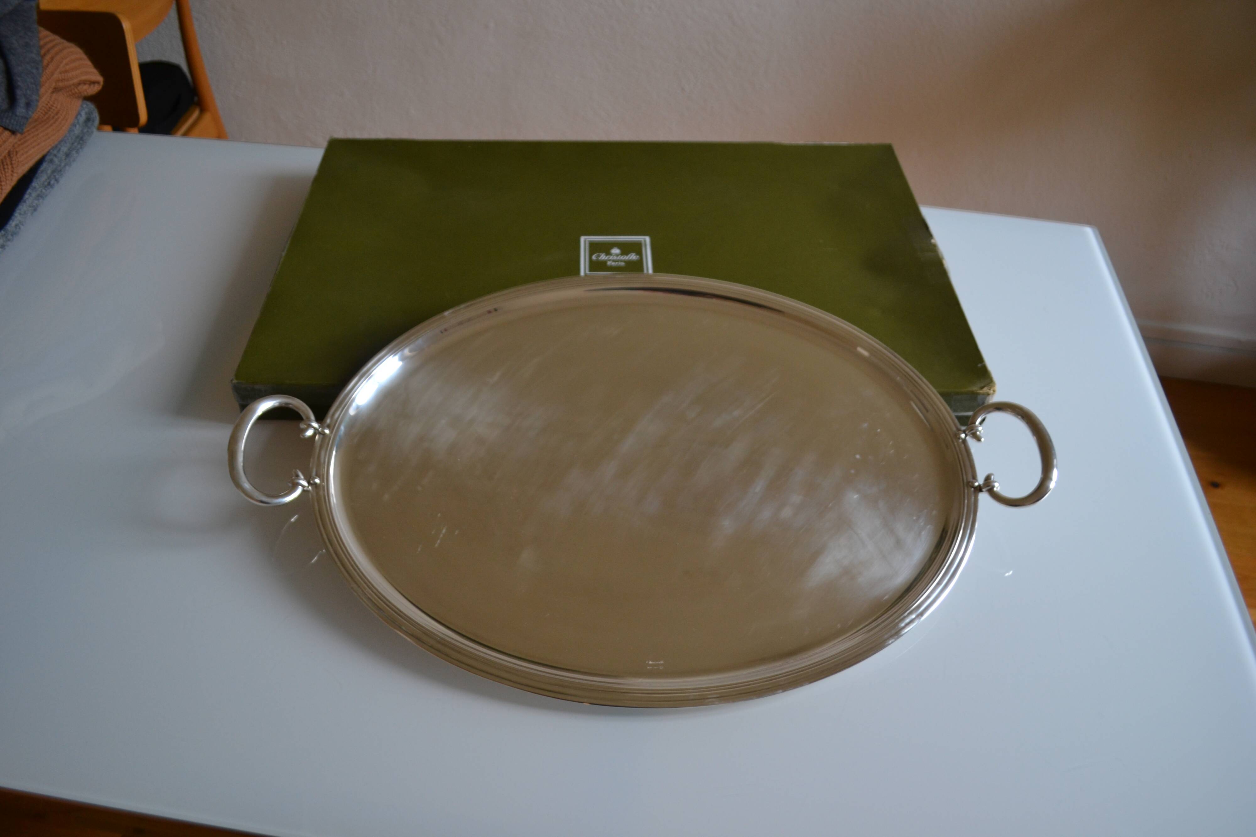Christofle Silver-plated metal serving tray + box 64 x 42 cm