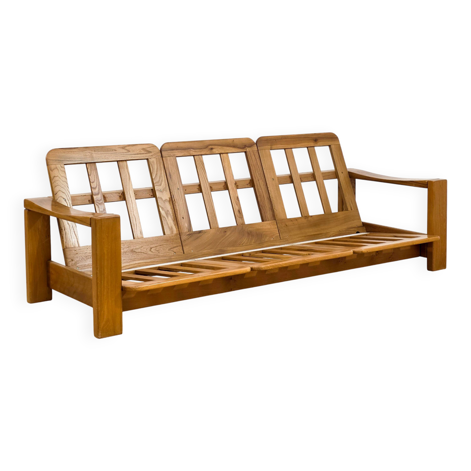 Solid elm sofa by Maison Regain from the 1970s.