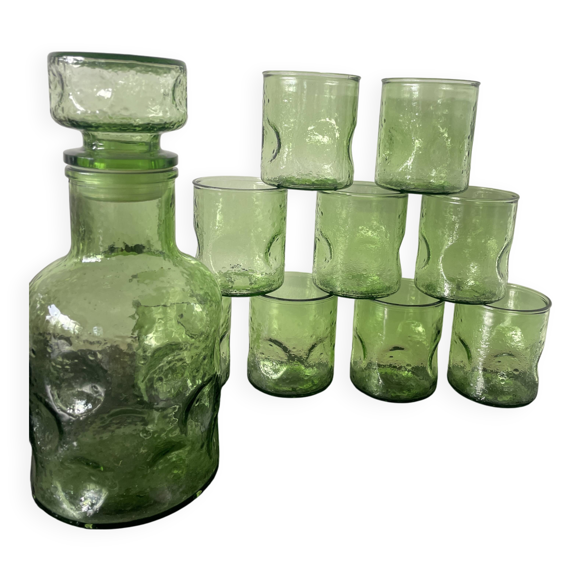 Set of carafe and 9 bubble glass glasses from the 70s