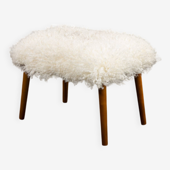 Mid-Century Danish Footstool in Natural Long Hair Sheepskin and Teak Tapered Legs, 1970s