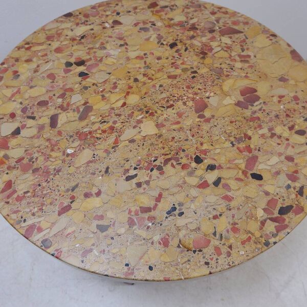Table basse ronde en bois avec plateau en marbre en brèche d'Alep - 1950'