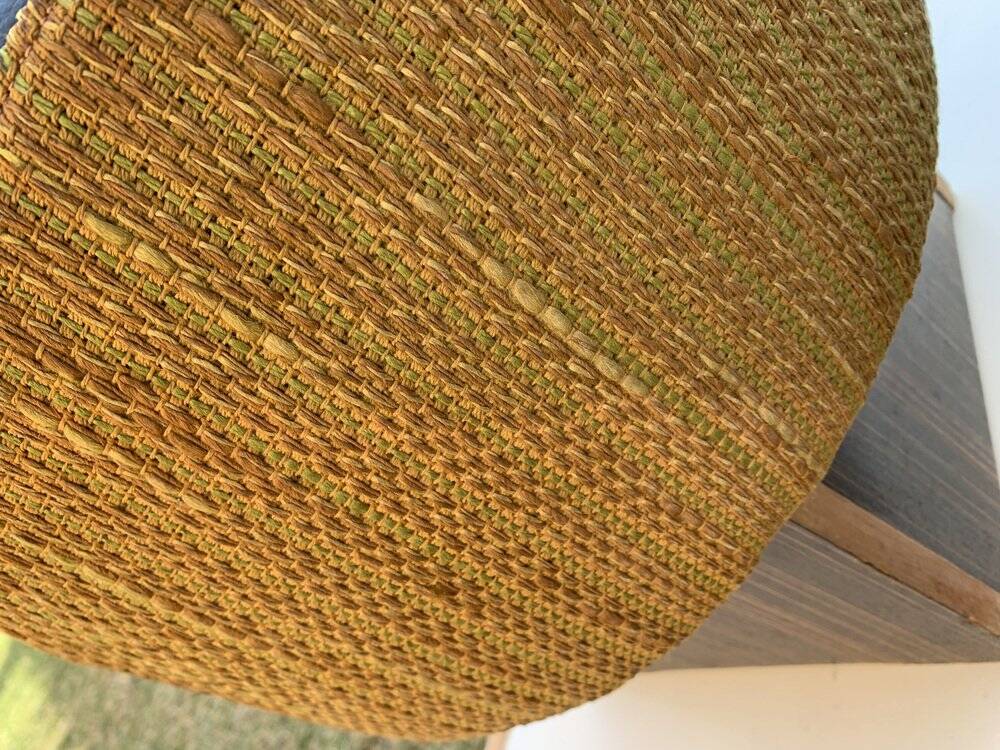 Black hexagonal pouf in fabric and faux leather, mid-century Hungarian ottoman from the 1950s.