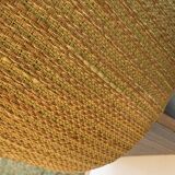 Black hexagonal pouf in fabric and faux leather, mid-century Hungarian ottoman from the 1950s.