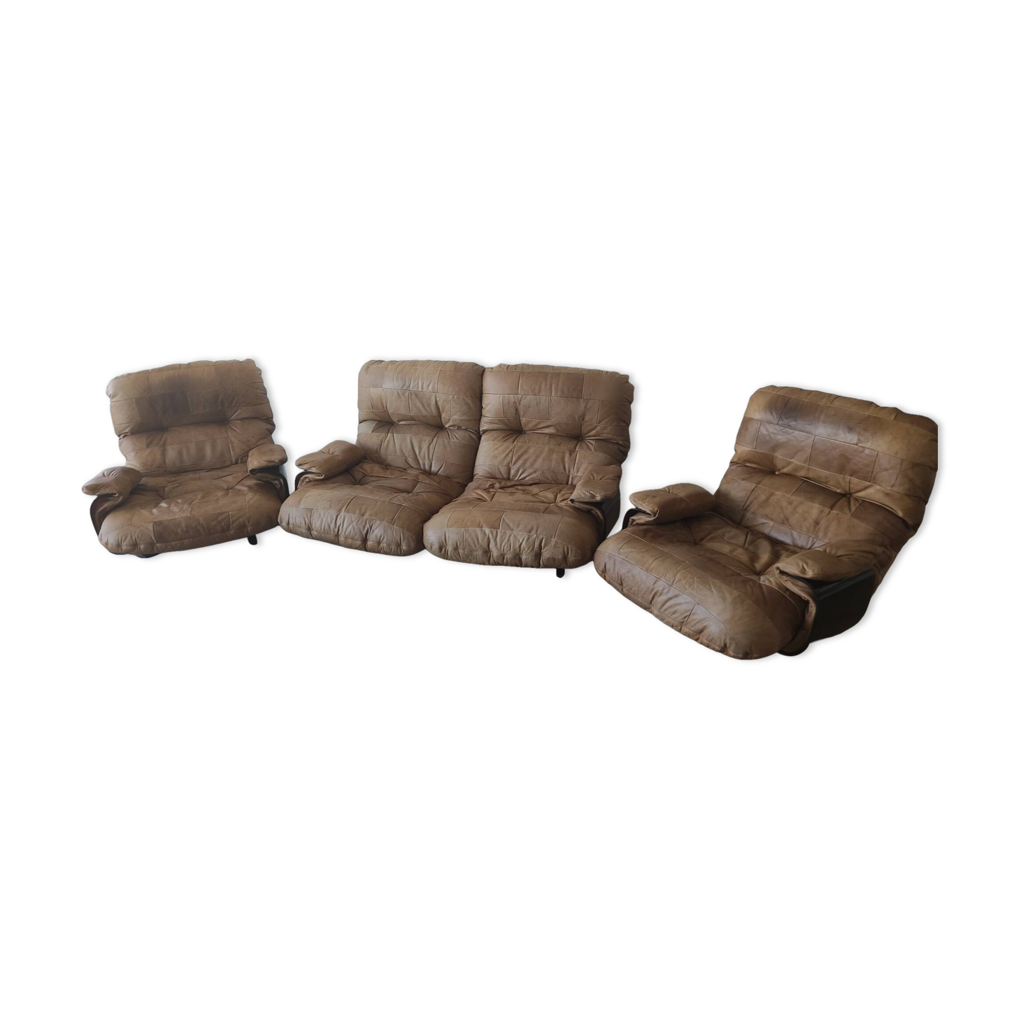 Marsala Leather Sofa + 2 Armchairs by Michel Ducaroy - ROSET 1970s