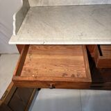 Antique wood and marble kitchen sideboard with carved backsplash