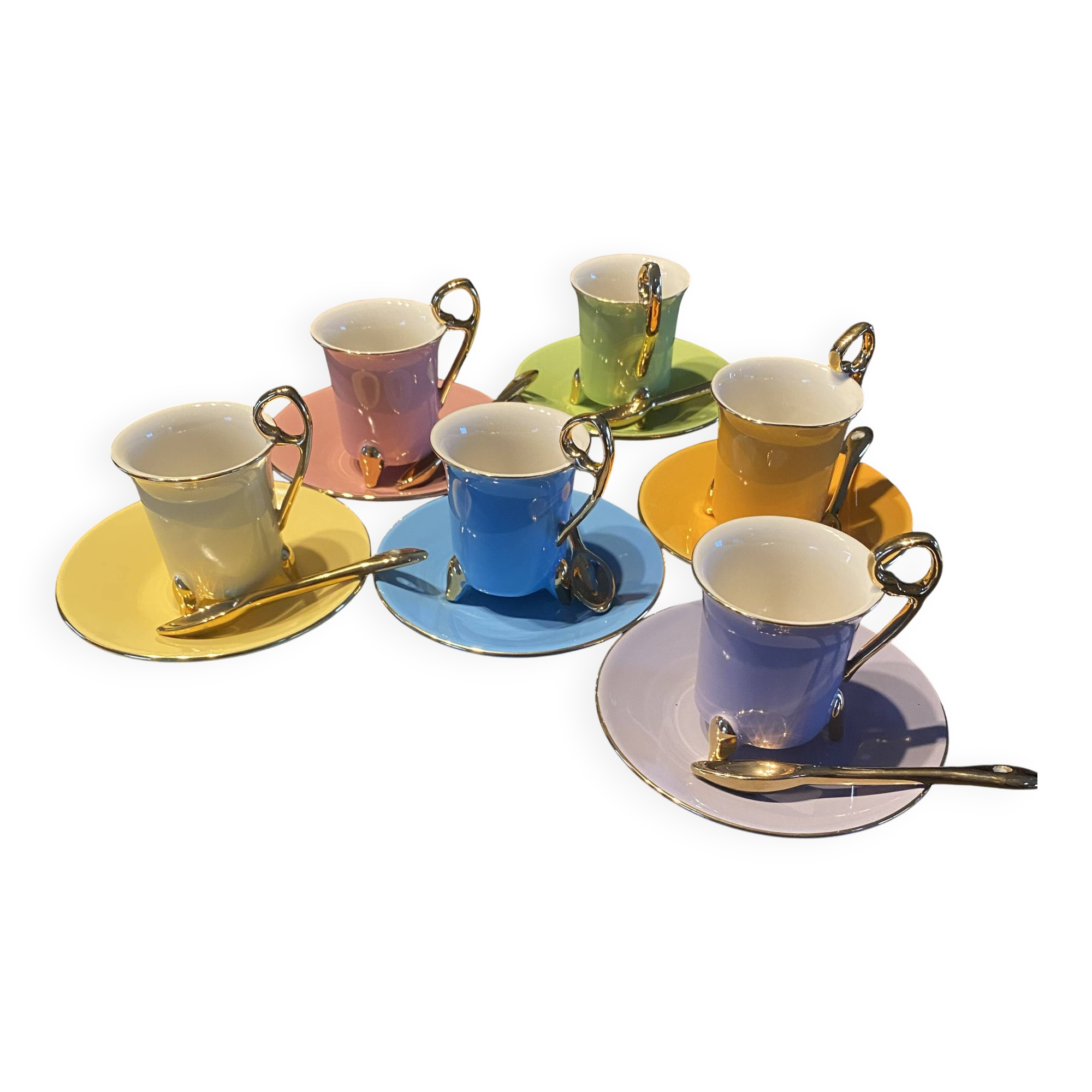 Coffret de 6 tasses à café + 6 soucoupes + 6 cuillères, Geneviève Lethu