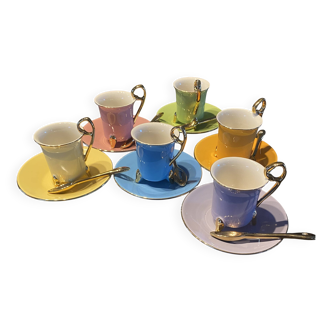 Set of 6 coffee cups + 6 saucers + 6 spoons, Geneviève Lethu