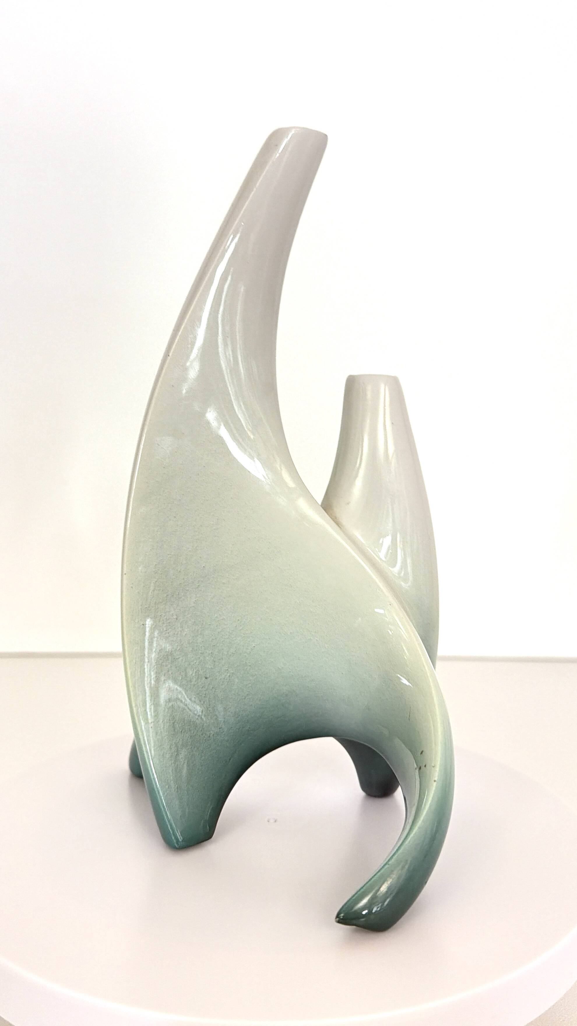 White and Green Ceramic Flower Vase Sculpture attr. to Vibi, Turin, Italy