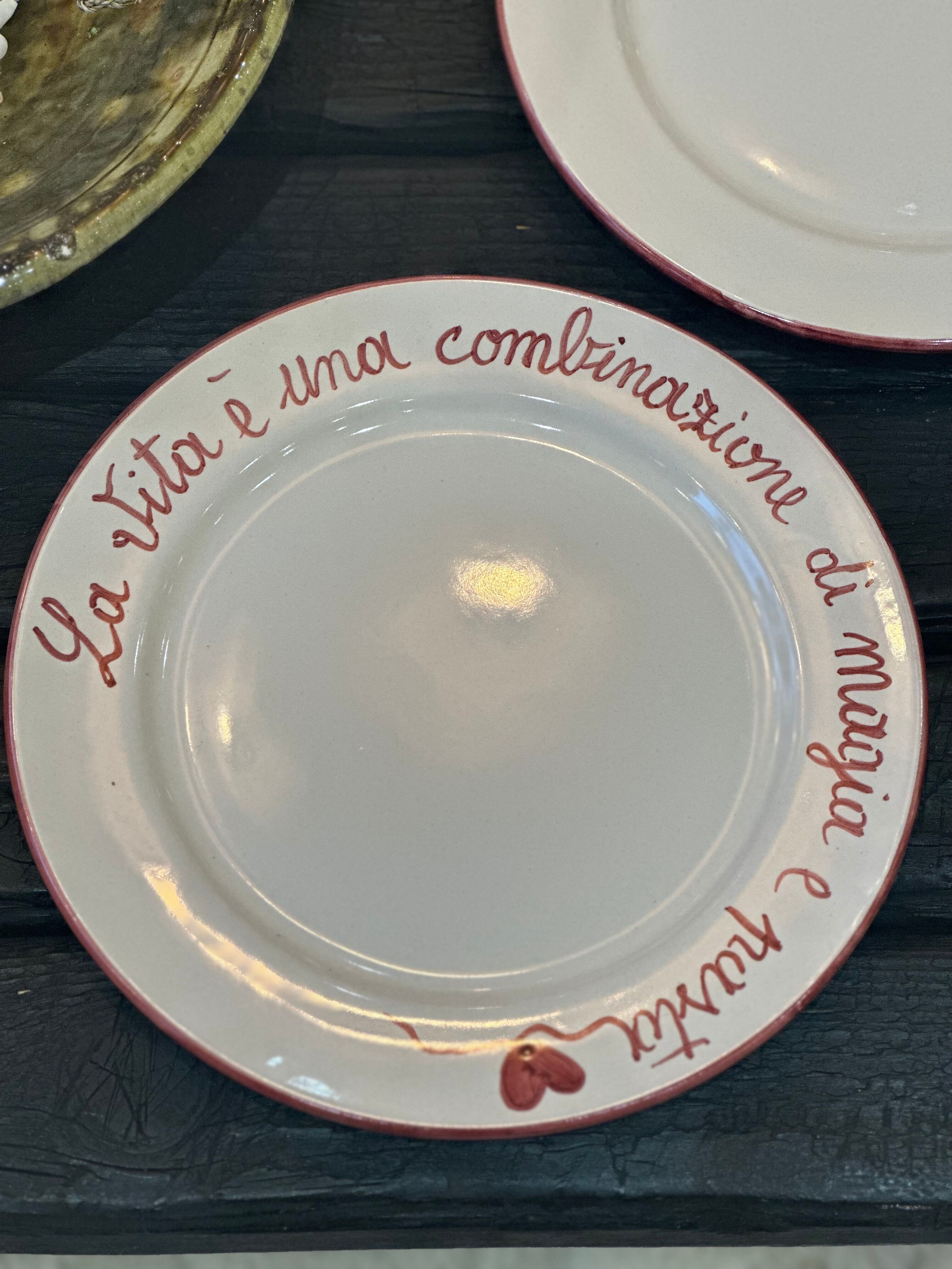 Hand-painted artisanal Italian plate la vita e una combination de magice e pasta