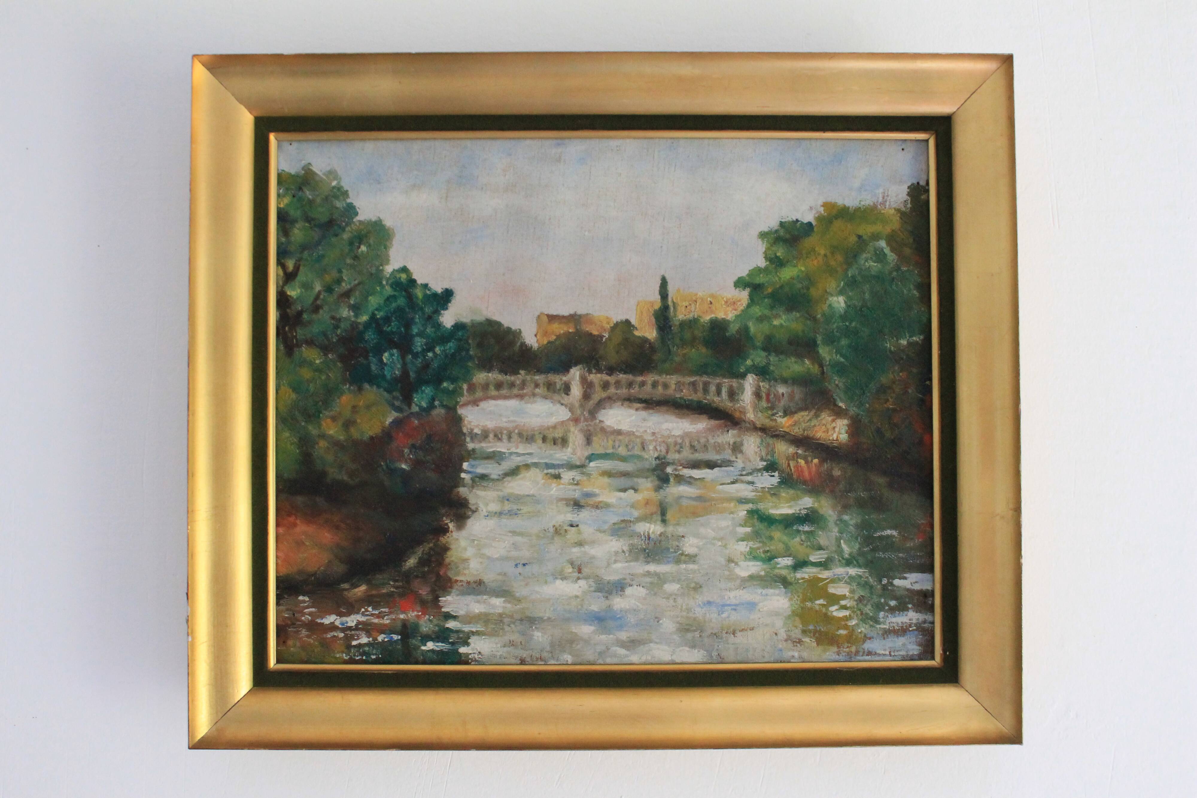 Oil on canvas "Landscape with Bridge" early 20th century