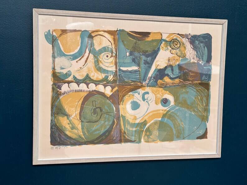 Large Original Swedish Graphic Sheet – "Composition" by Thormod Larsen – 1971 – Vintage and Framed – 79 × 59 cm (31.1" × 23.2")