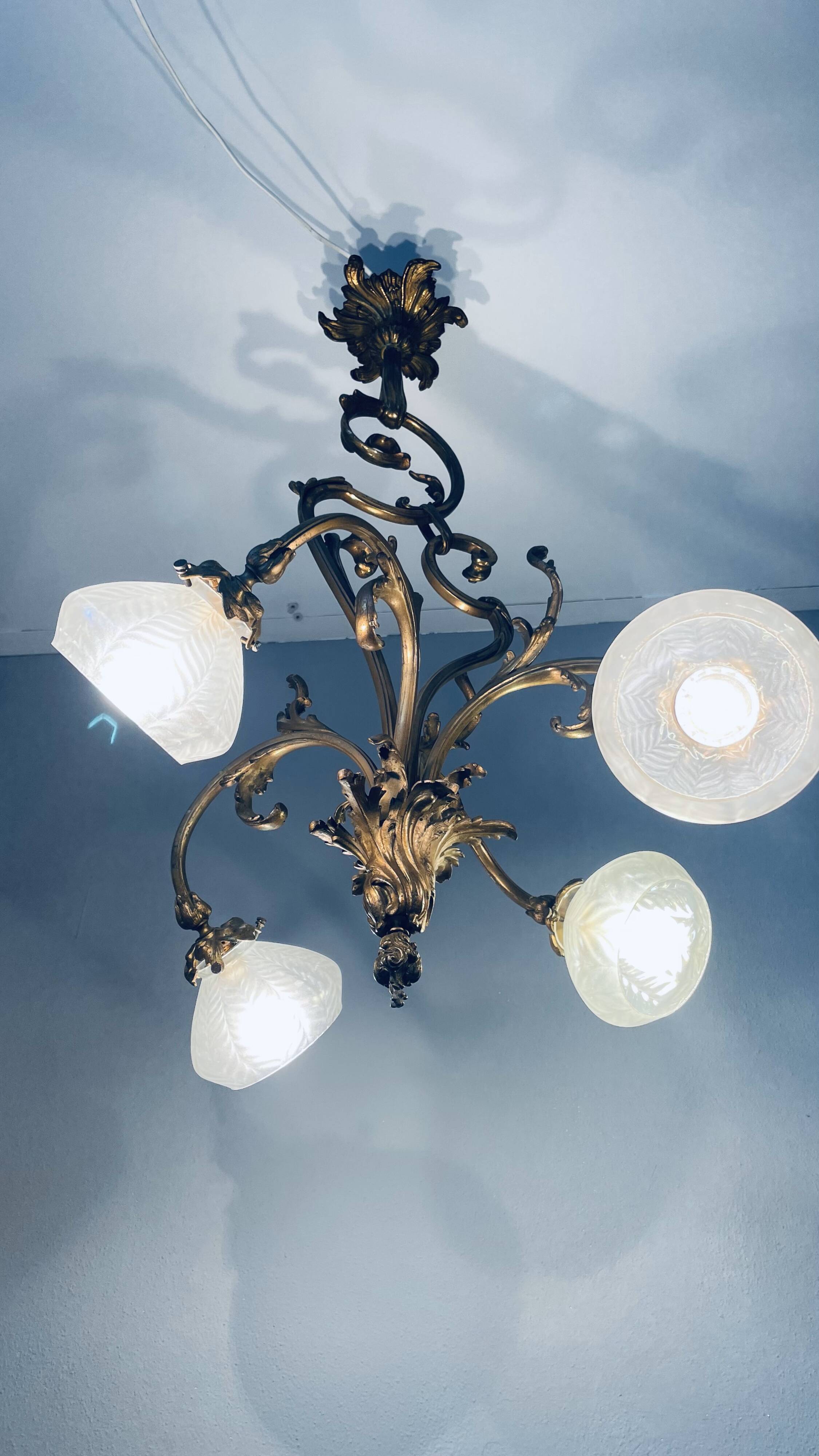 Jugendstil Golden Chandelier with Frosted Glass Shades