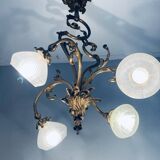 Jugendstil Golden Chandelier with Frosted Glass Shades