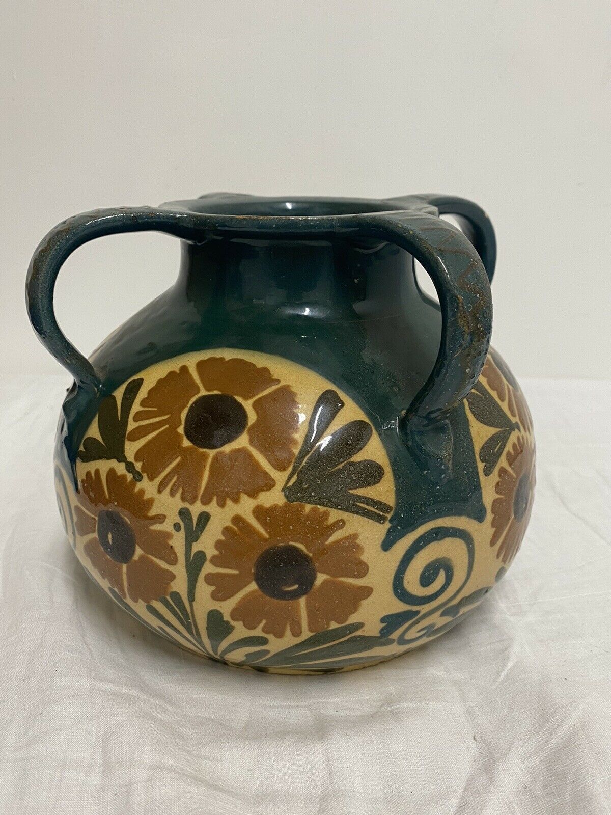 Vase Elchinger ceramic 4 detached handles polychrome floral decoration