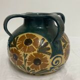 Vase Elchinger ceramic 4 detached handles polychrome floral decoration