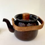Scandinavian teapot, enameled iron and wood