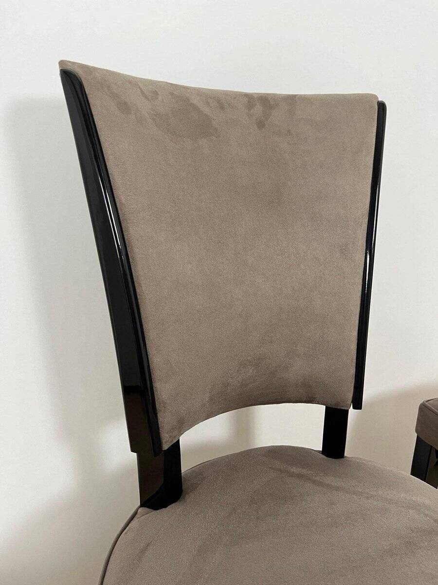 Art Deco Chairs in Black Lacquer & Grey Alcantara, France, 1930s, Set of 6