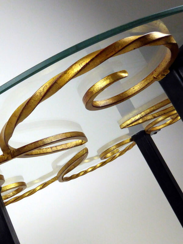Guéridon plateau verre métal doré 1950