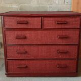 Commode vintage en rotin laquée rouge