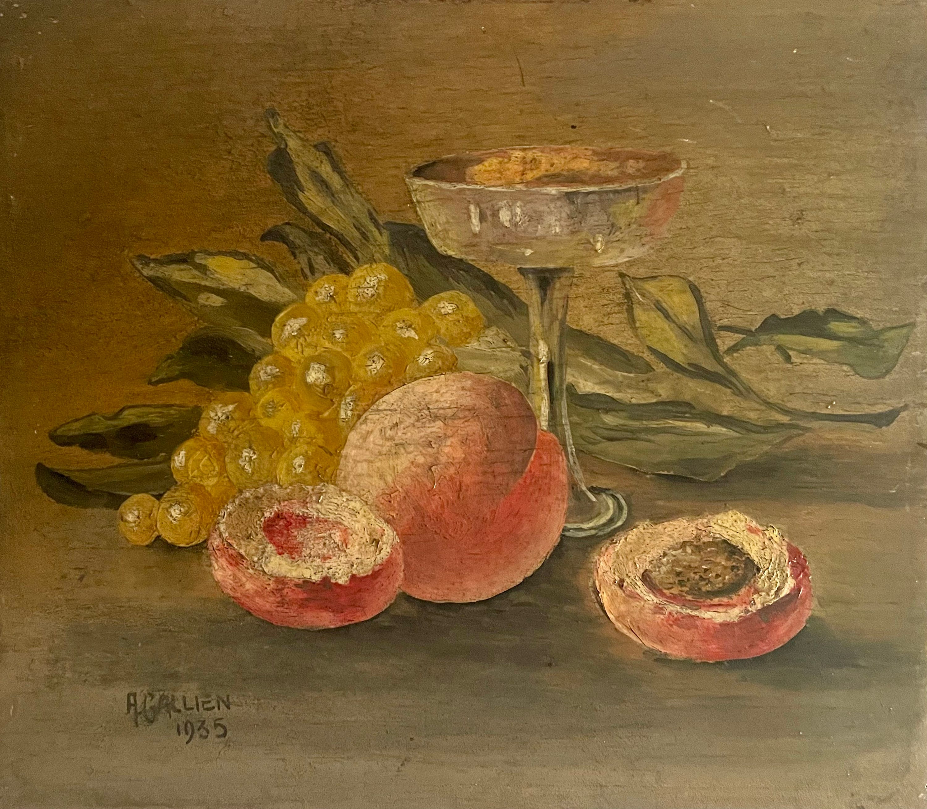 1930s french oil painting on wood, still life with fruits and vegetables