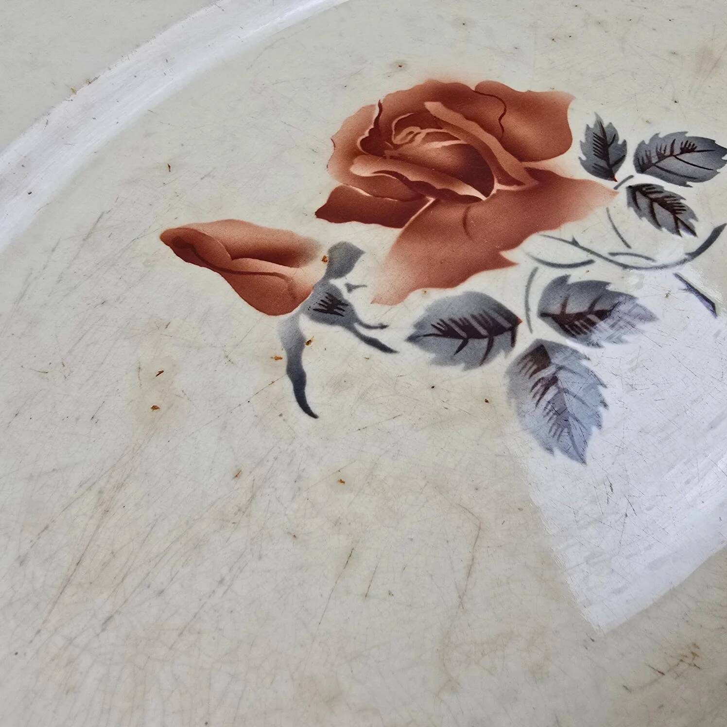 Digoin Sarreguemines plate with rose decoration, ironstone – Large patinated model