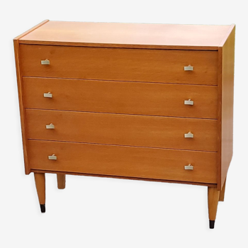 Vintage chest of drawers in golden blond oak conical legs 4 drawers from the 60s