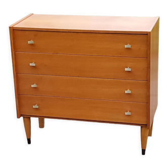 Vintage chest of drawers in golden blond oak conical legs 4 drawers from the 60s