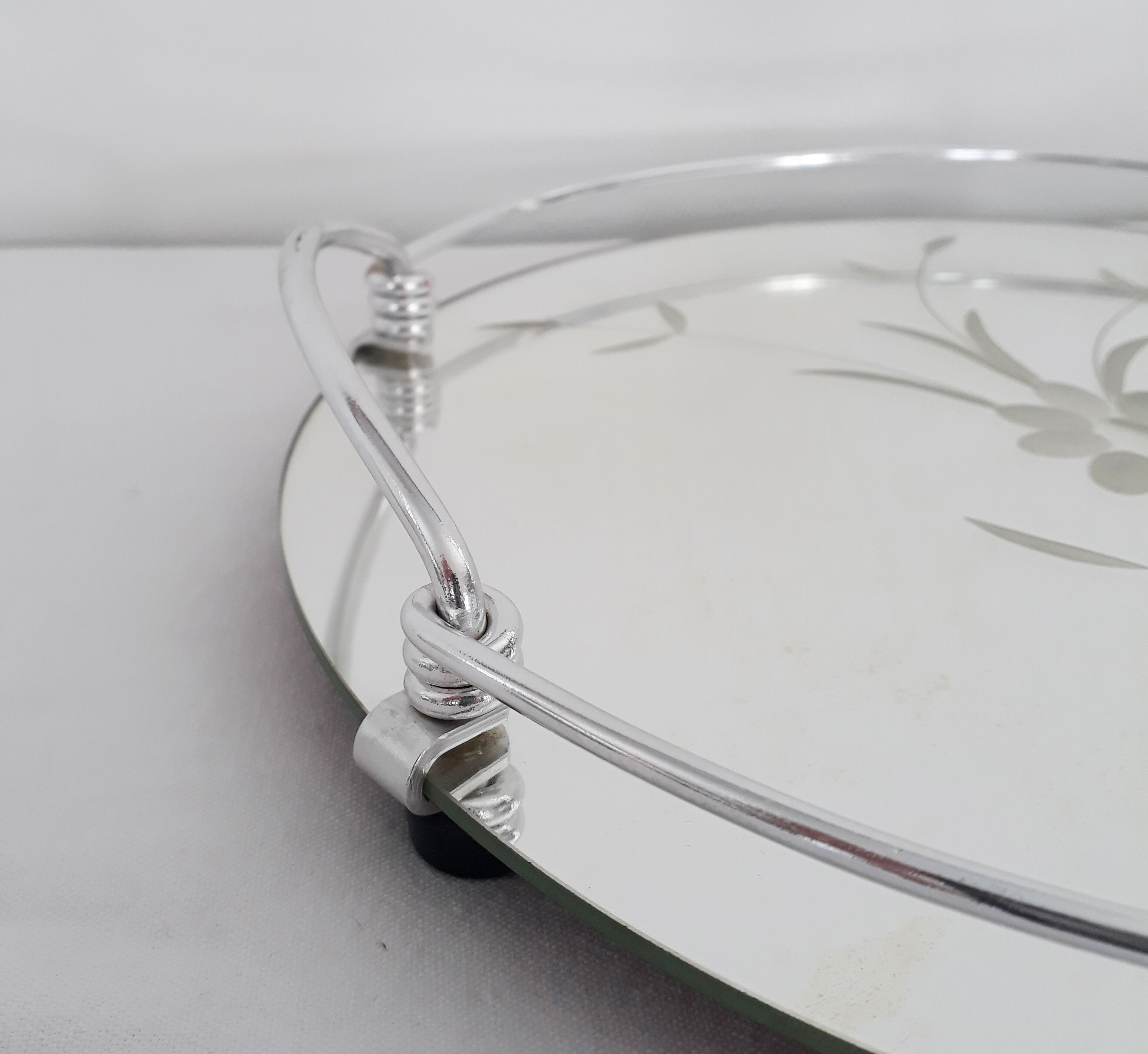 Plateau miroir vintage art déco gravure florale