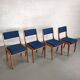 Lot de 4 chaises vintage piètement bois et tissu bleu circa 60
