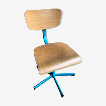 Chaise atelier métal bleu avec assise & dossier bois réglable style vintage