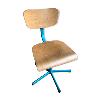 Chaise atelier métal bleu avec assise & dossier bois réglable style vintage