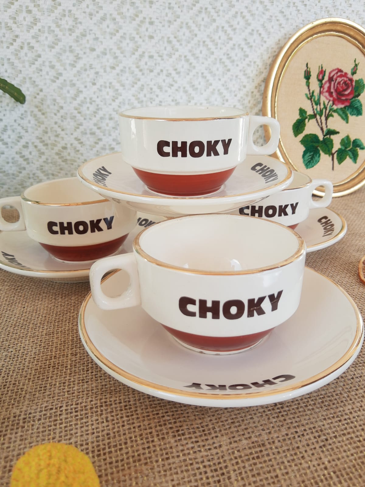 Ensemble de 4 tasses et 4 sous-tasses chocolat Choky bistrot publicitaire - vintage
