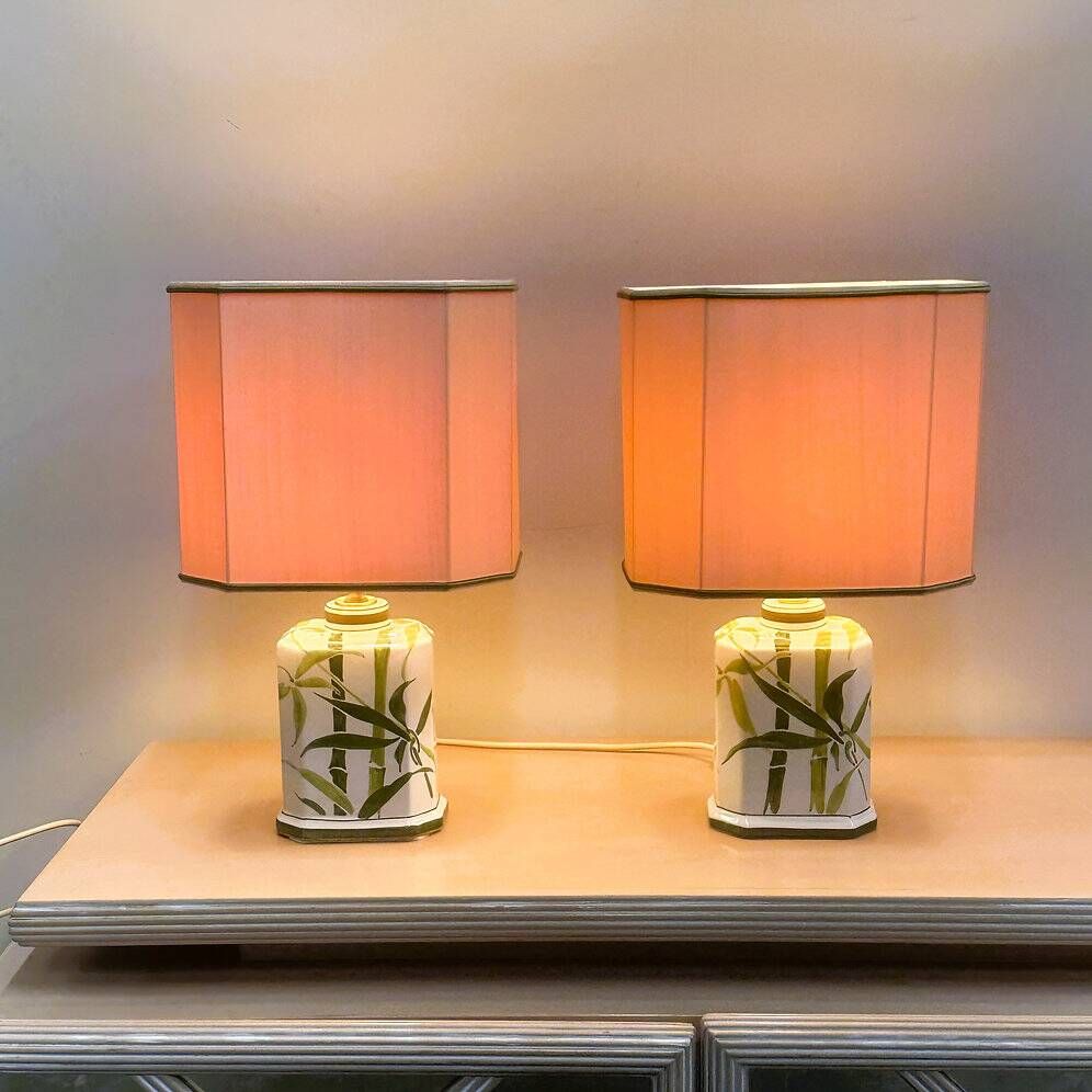 Pair of vintage bamboo ceramic table lamps with shades | Hand painted oriental style