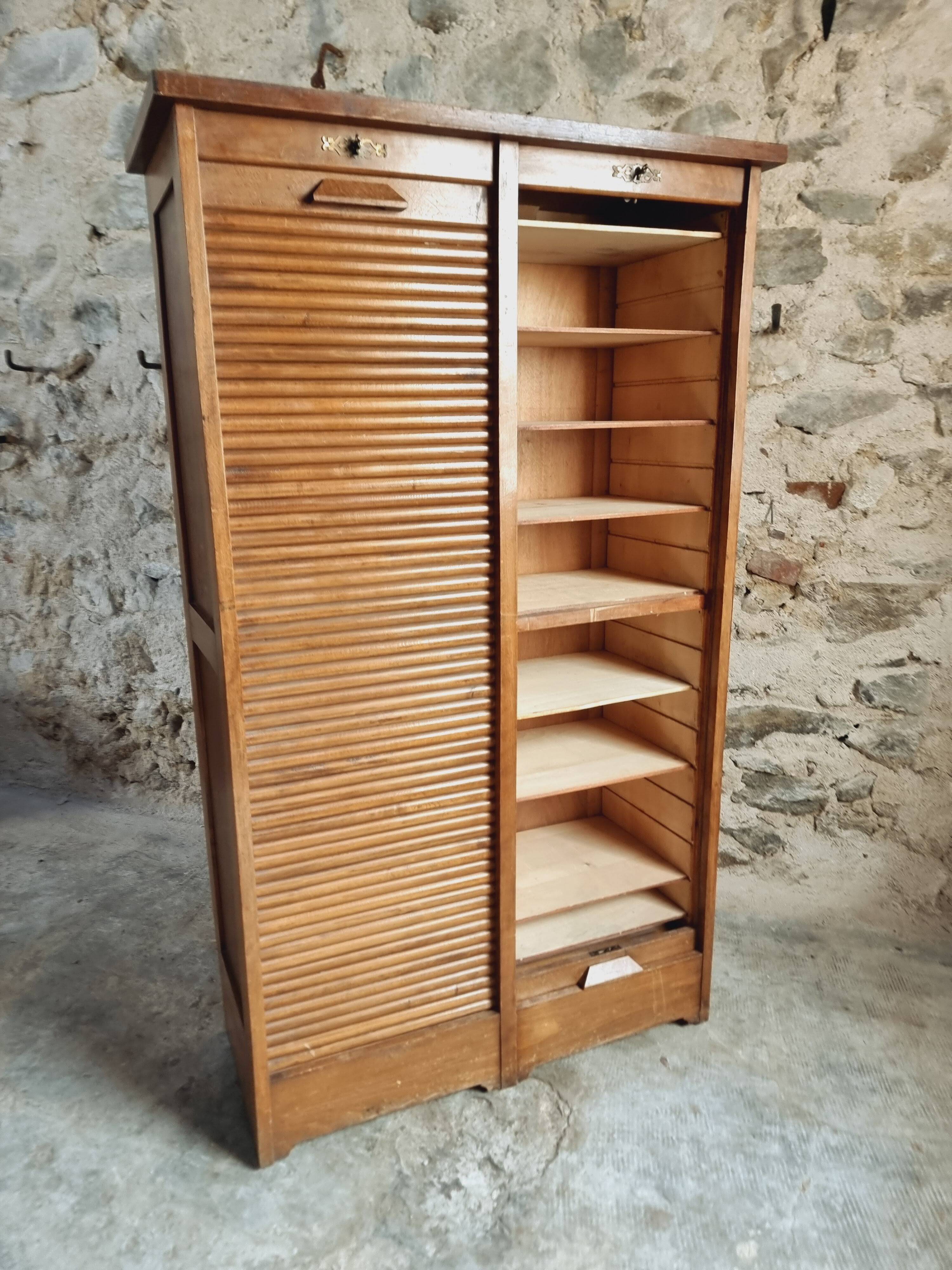 Antique filing cabinet with curtains – 1920s/30s – Beech