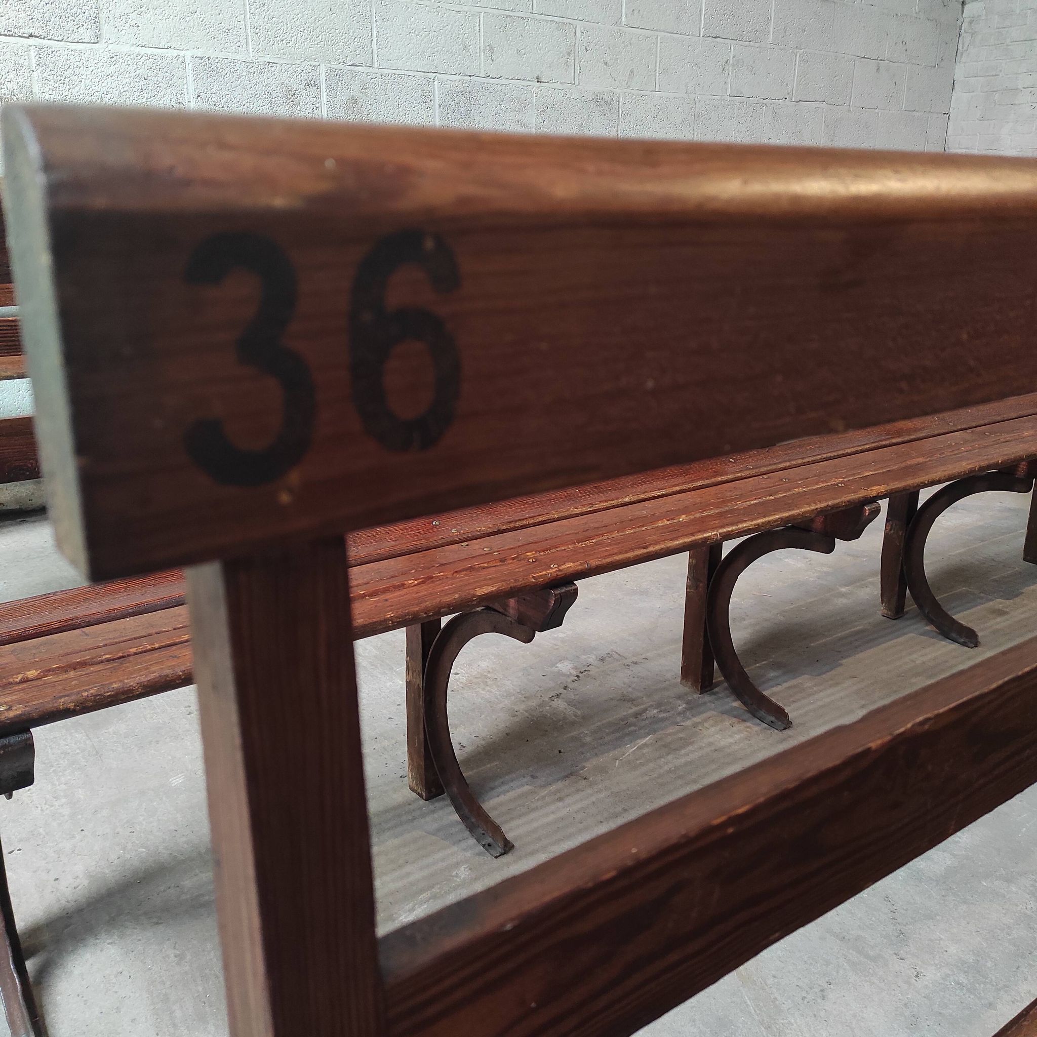 Long Wooden Church Pew | Antique Bench with Cast Iron Details | Seating