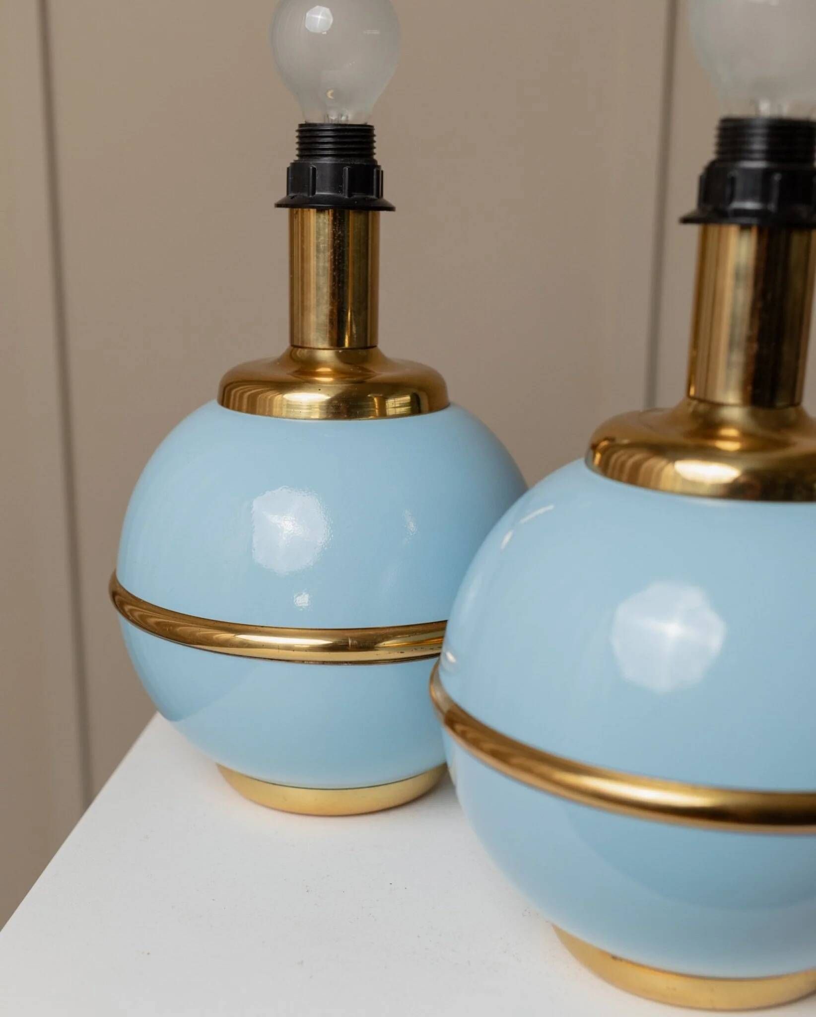 Set of 2 Light-Blue Ceramic Table Lamps with Gold Trim Italy 1980s Hollywood Regency Style