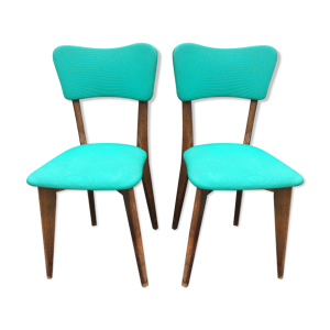Paire de chaises vintage à pieds compas skaï vert et piétement en hêtre