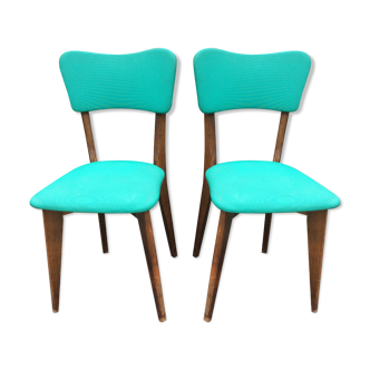 Paire de chaises vintage à pieds compas skaï vert et piétement en hêtre