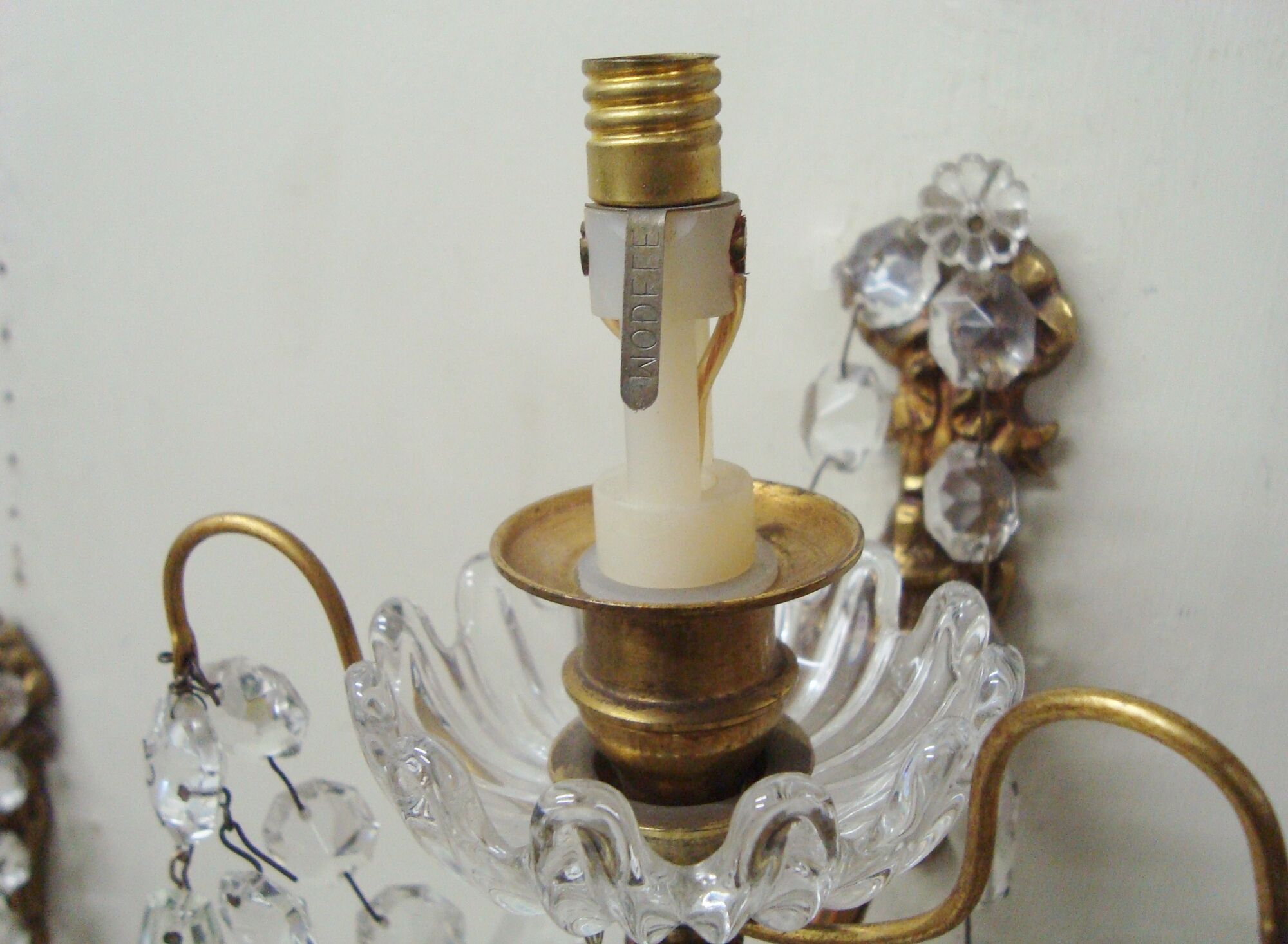 Pair of grapevine wall lamps with lampshades in Toile de Jouy