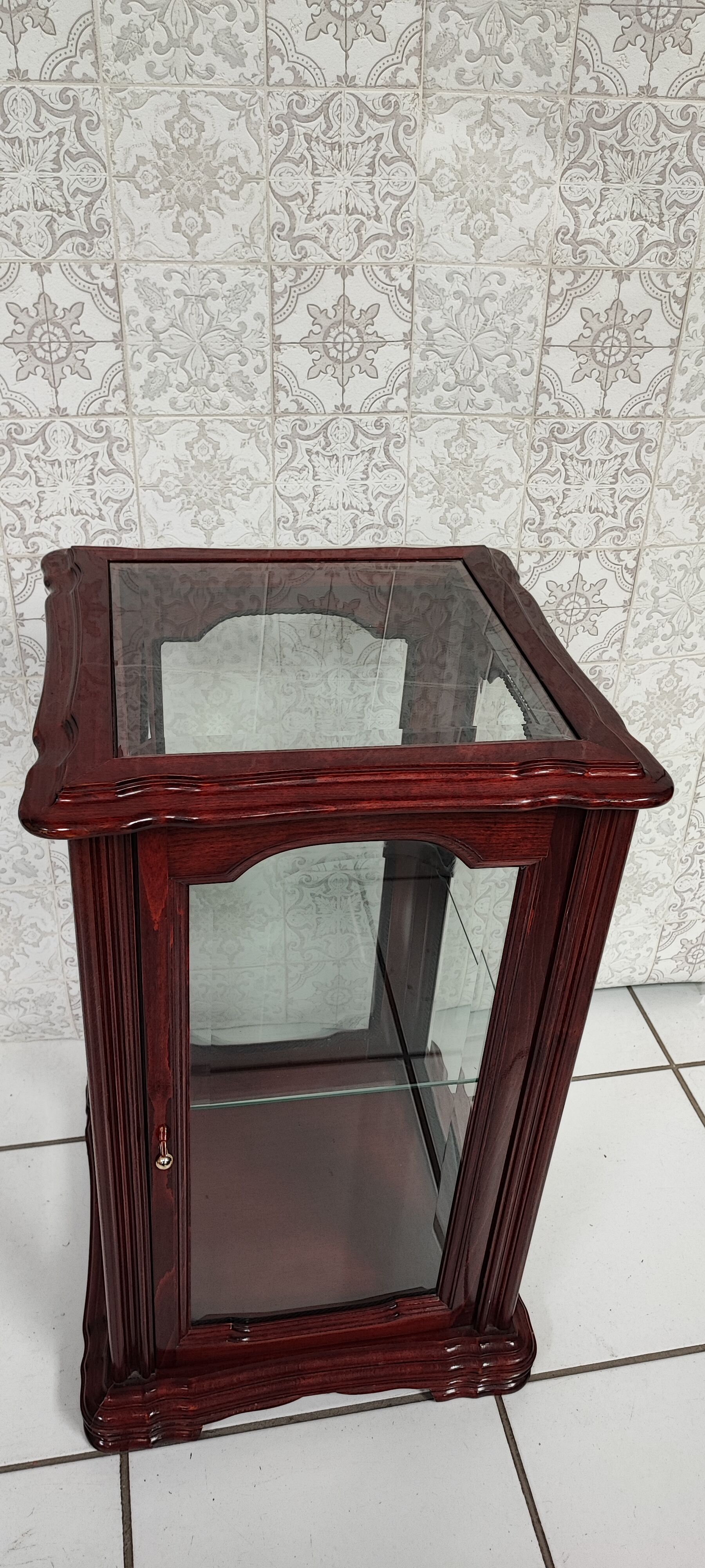 Showcase low glass beveled exotic wood