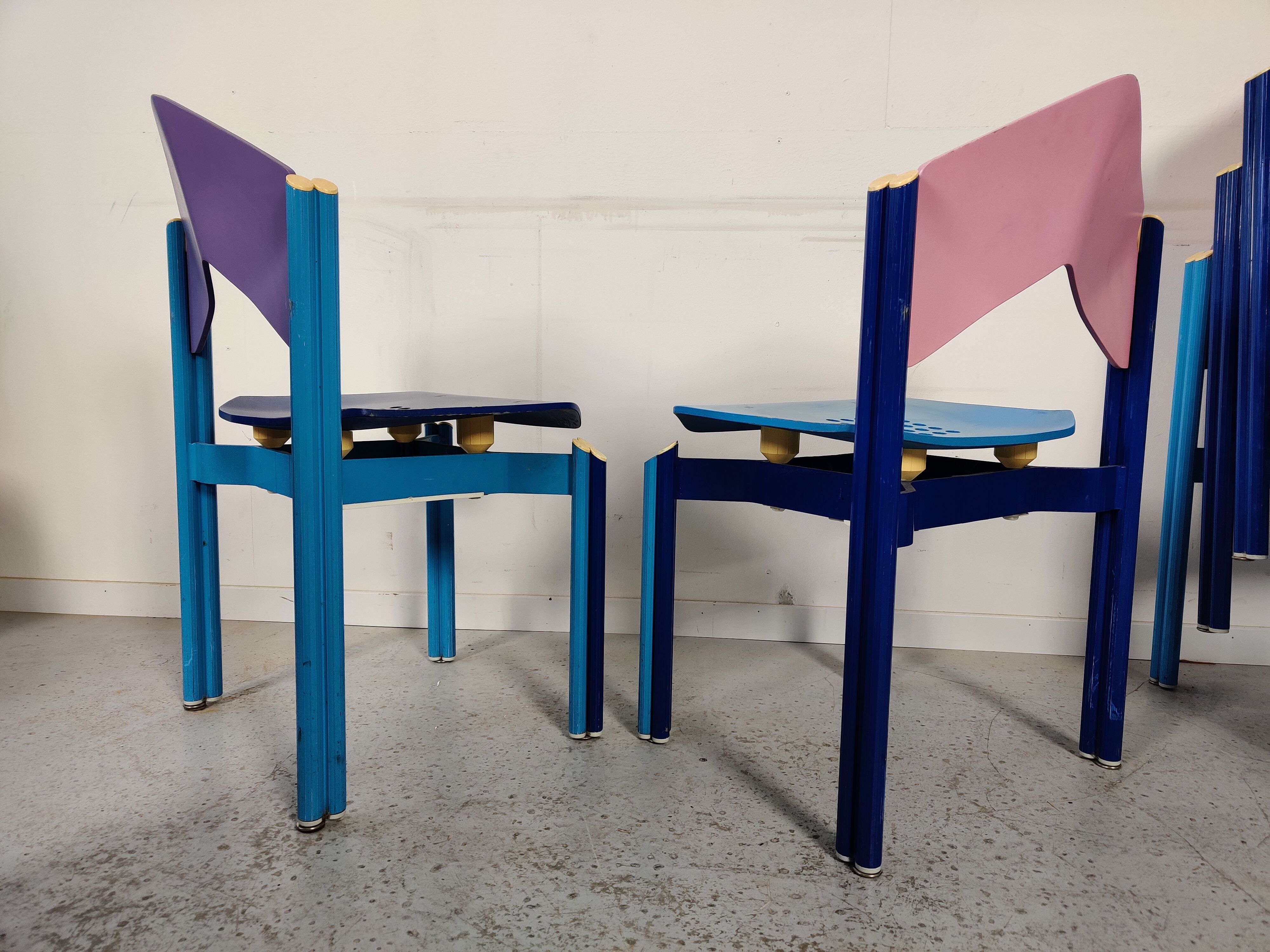 12 multicolored chairs wood and metal, 80s