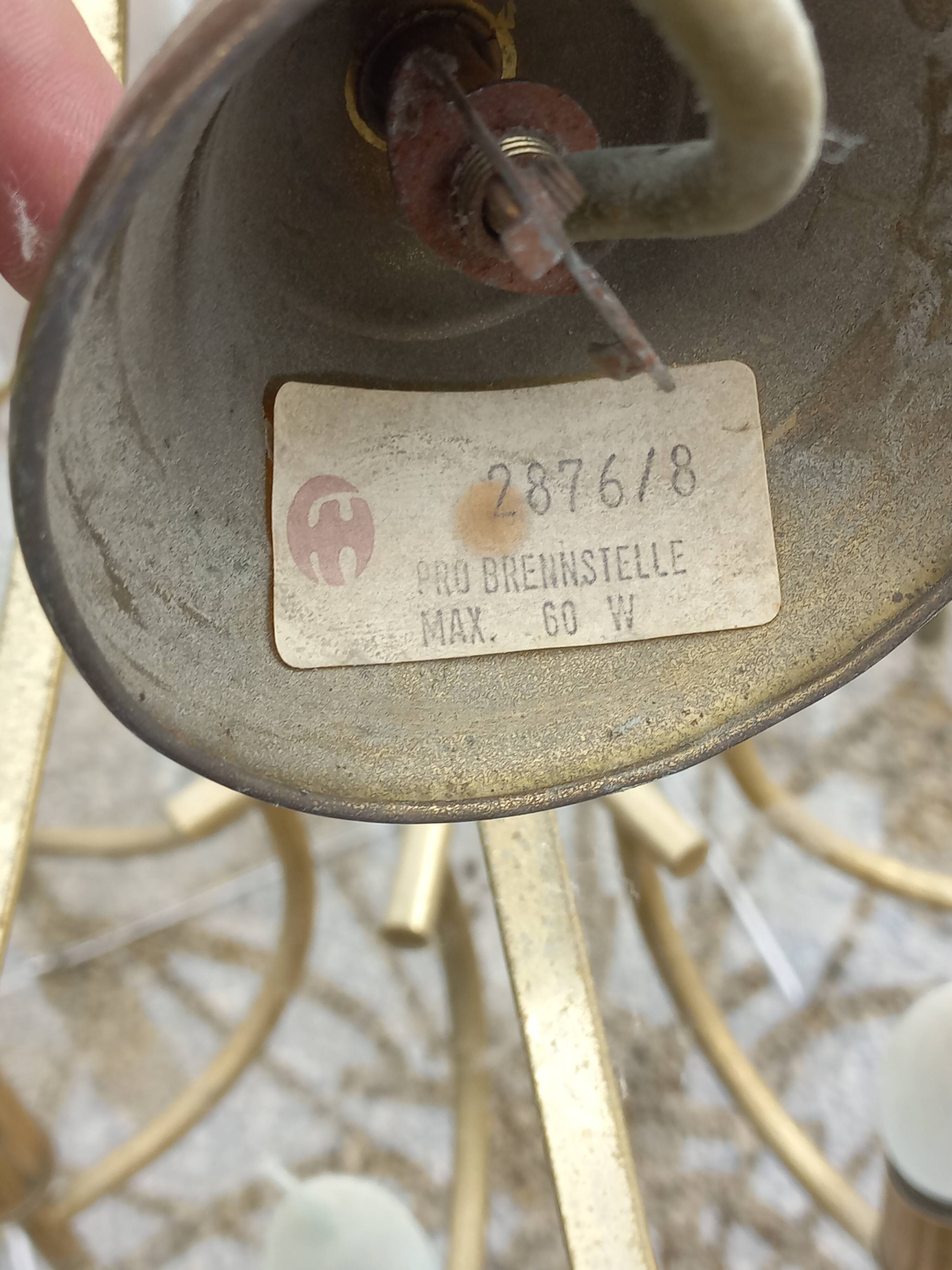 70s designer chandelier with smoked glass plates and gold metal frame