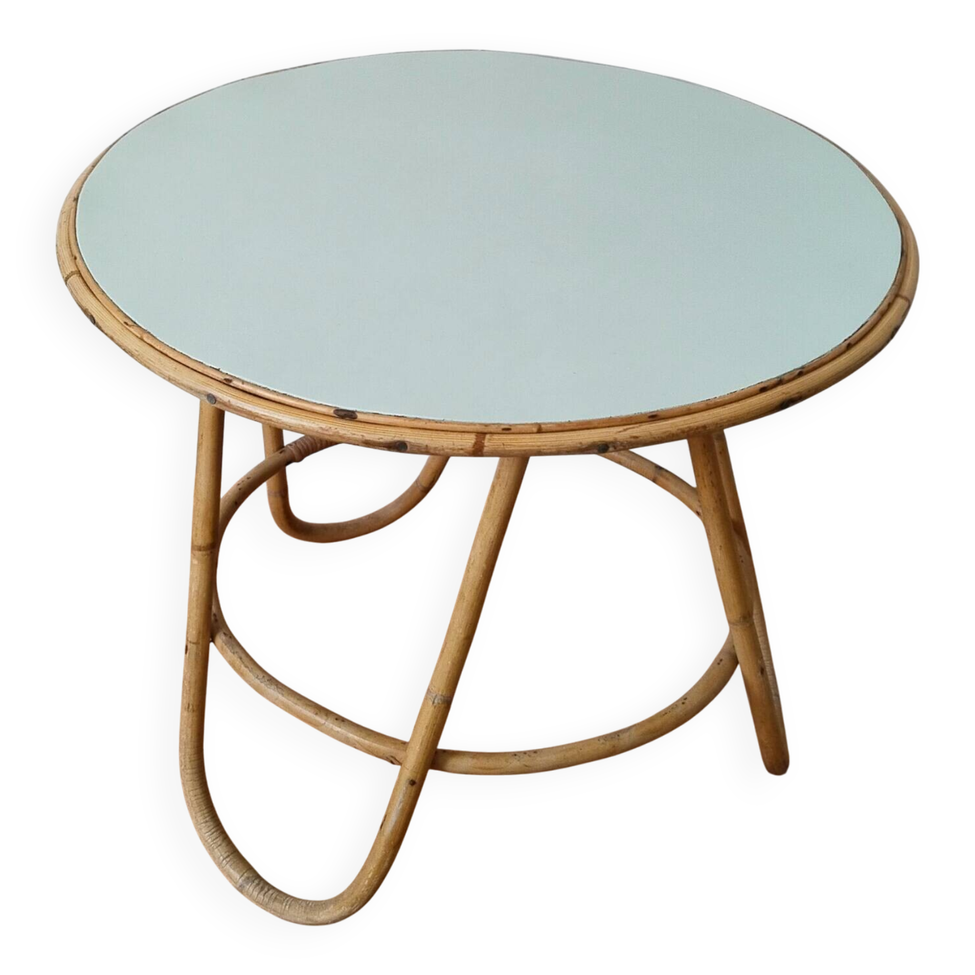 Vintage round rattan table, desk, tripod legs