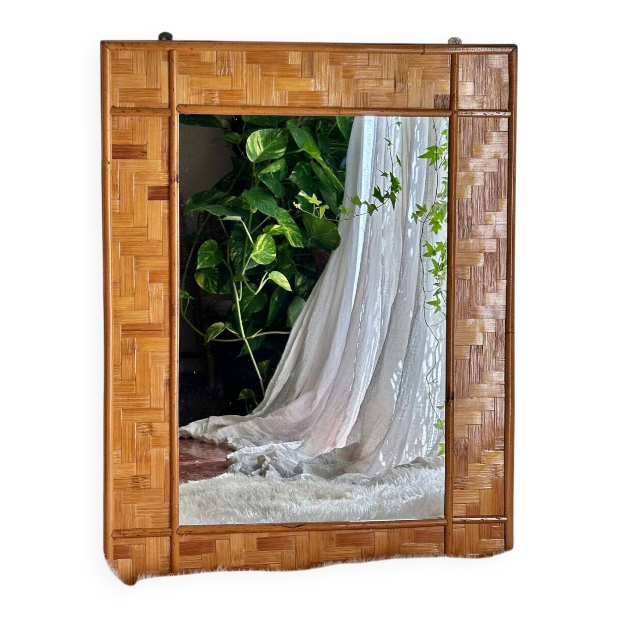 Italian mirror in woven rattan and sewn bamboo, 1970s