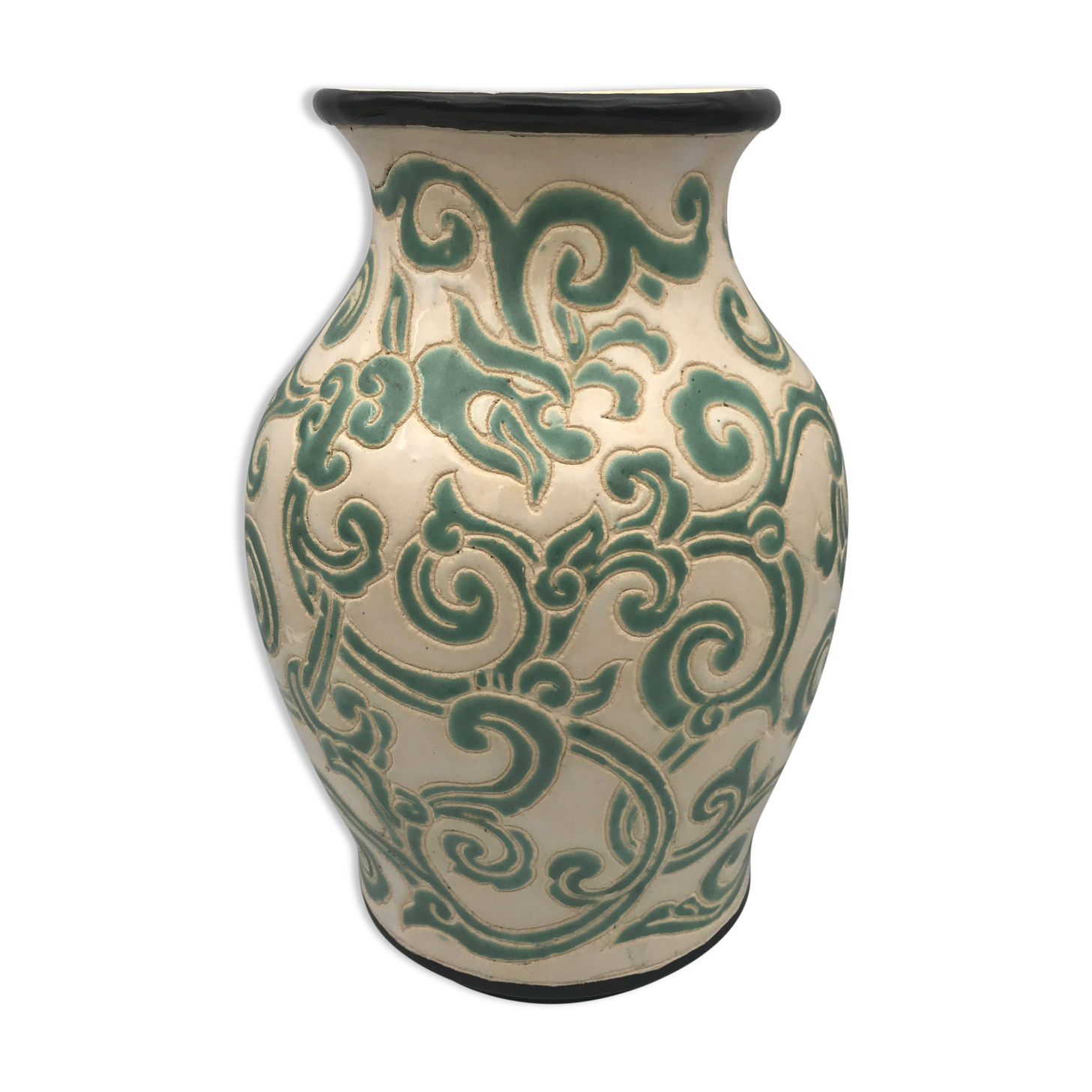 Vintage vase in glazed ceramic with carved decoration of arabesque 22.5 cm